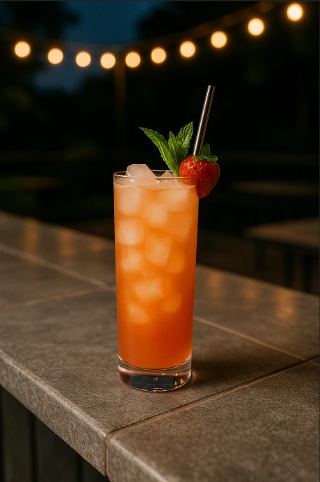 a minty strawberry cocktail is shown over a marble counter outdoors with string lights in the evening