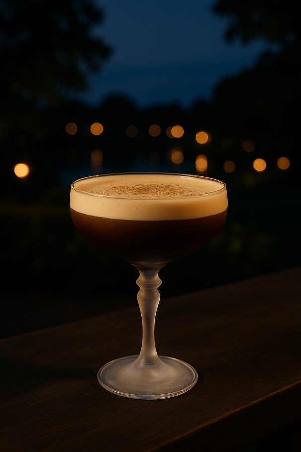 an espresso martini is displayed on a ledge outdoors in the evening