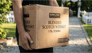 closeup of a case of scotch being carried at a wedding venue on a sunny day